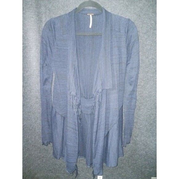 Free People Women's Navy Blue Small Cardigan Duster Fringe Long Sleeve Sweater - Picture 2 of 13